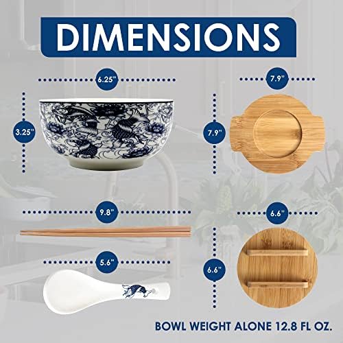 XWORLD Japanese Ceramic Ramen Noodle Bowls Set with Ceramic Spoon, Bamboo Chopsticks, Lid & Trivet, Serving Capacity of 33.8 OZ, Microwavable Oven Safety (3.3” x 6.6” D) (Blue Fish)