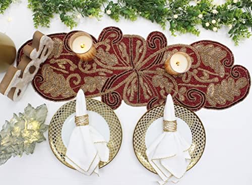 COTTON CRAFT Handmade Beaded Table Runner - 13x36 inches - Red & Gold