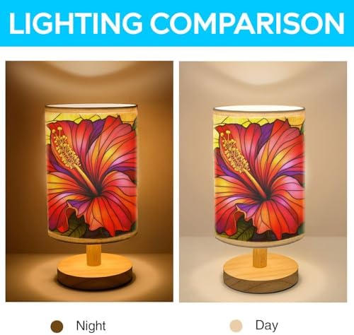 Hibiscus Table Lamp LED 3-Color Pressed Bedside, Hibiscus Shade Lamp with Wood Base for Bedroom Living Room Desk Office TL01