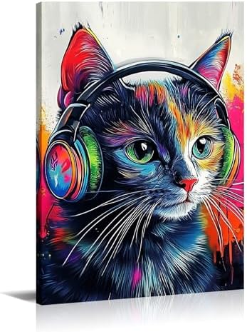 Cat Canvas Wall Art Graffiti Wall Decor Framed Funny Cat Listen to Music Picture Pet Painting Modern Pop Prints for Living Room Home Office Ready to Hang - 24.00"x36.00"