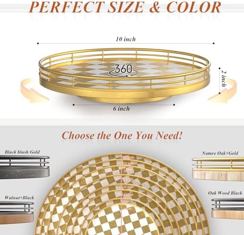 AMH 10-Inch Gold Checkerboard Lazy Susan Vanity Tray with Metal Rail