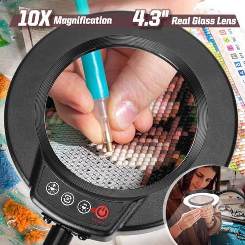 10X Magnifying Glass with Light and Stand, 16.5in Flexible Goose-Neck, 5 Color Modes Stepless Dimmable LED Lighted Desk Lamp, Hands Free Magnifier for Crafting Hobby Painting Close Work - Black