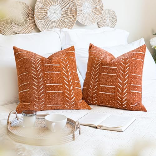 BlissBlush Decorative Throw Pillow Covers 18X18 Set of 2, Brick Red Terracotta Boho Farmhouse Cushion Cover, Cozy Soft Accent Pillowcase for Couch Sofa Bed Living Room Home Décor