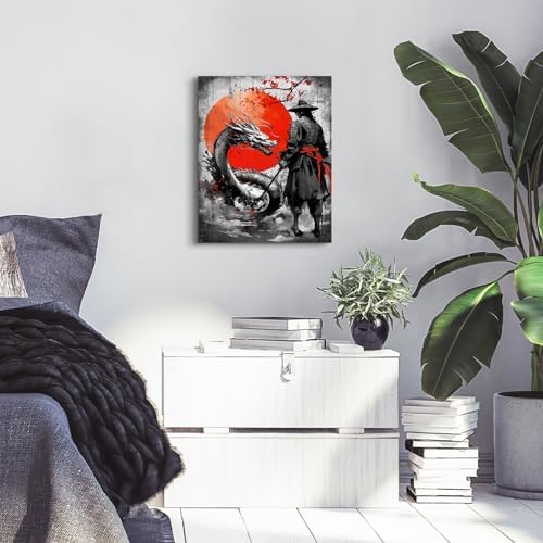 Wesluin 12"x16" Samurai Dragon Canvas – Red Sun Japanese Wall Art | Legendary duel unfolds beneath the rising crimson orb. Monochrome warrior versus beast. Hook included, ready to hang.