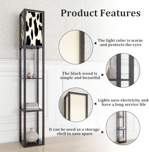 Standing Lamp with Shelves Tall Black White Cow Pattern Used for Modern Wood Corner Lamp for Bedroom Living Room Office Floor Lamp Mid Century Room Decor