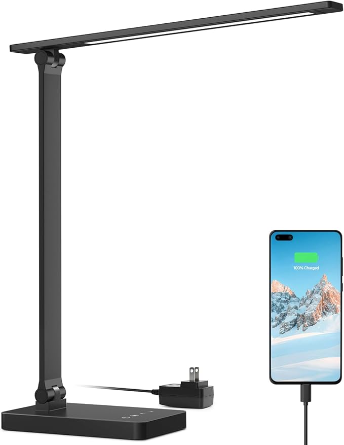 Lepro Desk Lamp with USB Charging Port for Home Office, 650LM 9.5W, Black