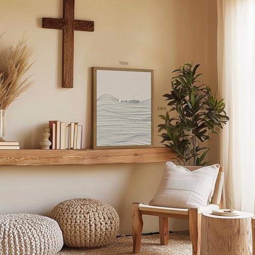 EisEver Jesus and Peter Walking on Water Wall Art, Modern Minimalist Christian Faith Decor, Abstract Bible Story Canvas Print, Inspirational Religious Artwork for Church Prayer Room Wood Framed 16x24 Inch