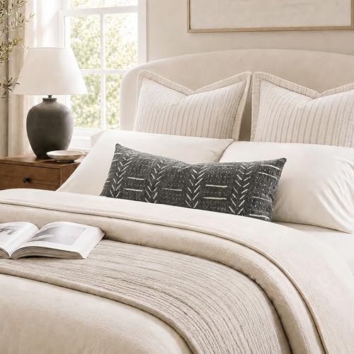 BlissBlush Long Lumbar Pillow Cover 14x36 for Bed, Soft Woven Chenille Textured Decorative Pillow Cover for Bedroom Couch Sofa, Farmhouse Boho Accent Cushion Cover, Charcoal Gray