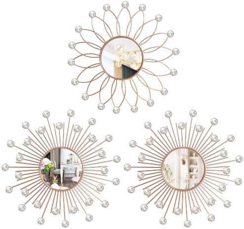 3 Pack Metal Mirrors for Wall Sunburst Wall Mirrors Home Décor Decorative Hanging Wall Art for Living Room Bedroom Entryway (Rose Gold2 Crystal, Flower+Sunburst)