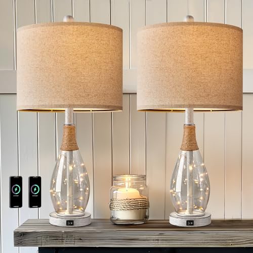 OYEARS 23" Table Lamps for Living Room Set of 2 Bedside Lamps for Night Stands Bedroom Lamps Farmhouse Rattan Boho Lamp Glass Nightlight End Table Lamp with USB C+A (White),Two Light Points