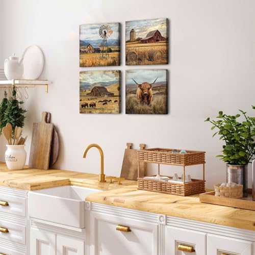 Highland Cow Wall Art Rustic Farmhouse Wall Decor Country Farm Animal Pictures Vintage Barn Windmill Landscape Canvas Prints Painting Modern Artwork for Bedroom Living Room Home Decoration 16x16" 4Pcs