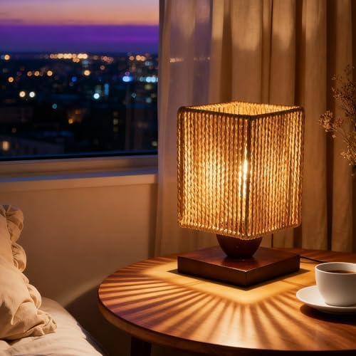 Small Rattan Table Lamp, Square Shade, Woven Square