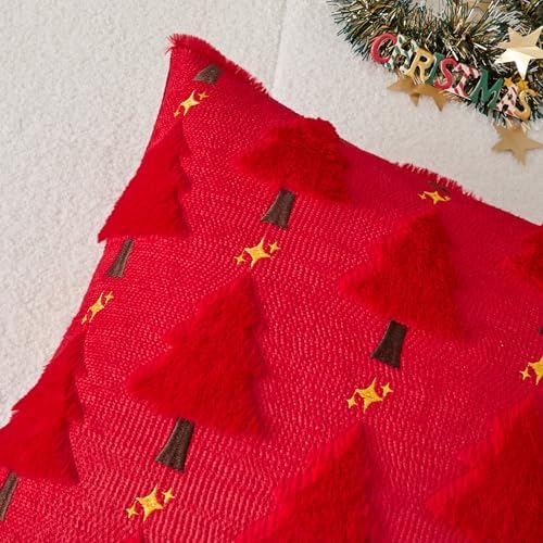 Kevin Textile Christmas Tree Pillow Covers 18x18 Inch Set of 2 Twinkle Golden Star Embroidery Soft Plush Faux Fur Throw Pillowcases for Couch Sofa Holiday Festivals Winter Xmas Gift, Red