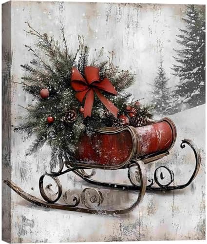 Vintage Framed Canvas Christmas Wall Art Decor 24x36, Farmhouse Red Christmas Prints Winter Paintings for Wall Sleigh Sled Art, Rustic Mantel Decoration, Country Winter Pictures