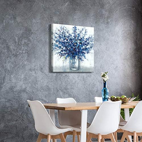 Abstract Bouquet Canvas Wall Art, Blue Flowers in Vase, 24"L x 24"W | Artwork Print Painting, For Living Room Office, Multiple Sizes