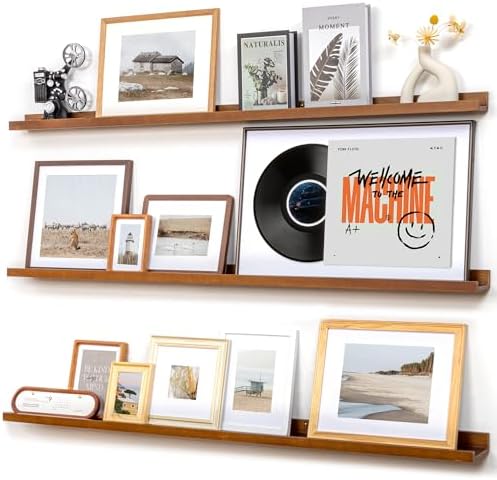 FLYJOE Picture Ledge Wall Shelves - Set of 3, 56 inches Width, Solid Pine Wood Rustic Floating Ledge Shelves for Kids' Room, Bedroom, Kitchen, Bathroom, Walnut
