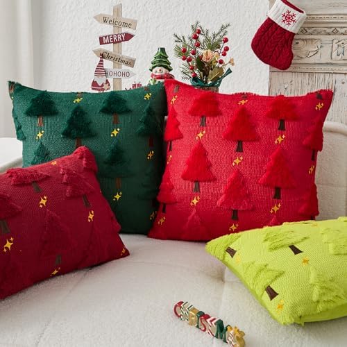 Kevin Textile Christmas Tree Pillow Covers 20x20 Inch Set of 2 Twinkle Golden Star Embroidery Soft Plush Faux Fur Throw Pillowcases for Couch Sofa Holiday Festivals Winter Xmas Gift, Red