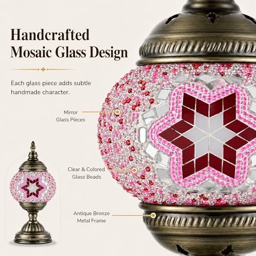 GOGERS Turkish Moroccan Table Lamp Lantern with Handmade Mosaic Glass Lampshade Tiffany Style Bohemian Stained Glass Decorative Desk Lamps Bedside Night Lights for Bedroom (Pink)