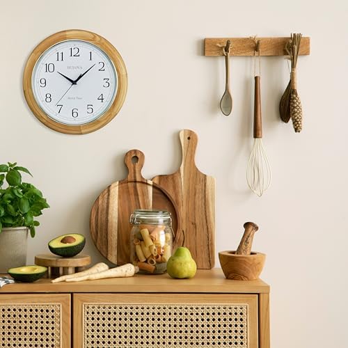 Bulova C5005 Wooden Atomic Analog Wall Clock | Automatically Sets Time | Large Roman Numerals | Battery Operated | Traditional Design