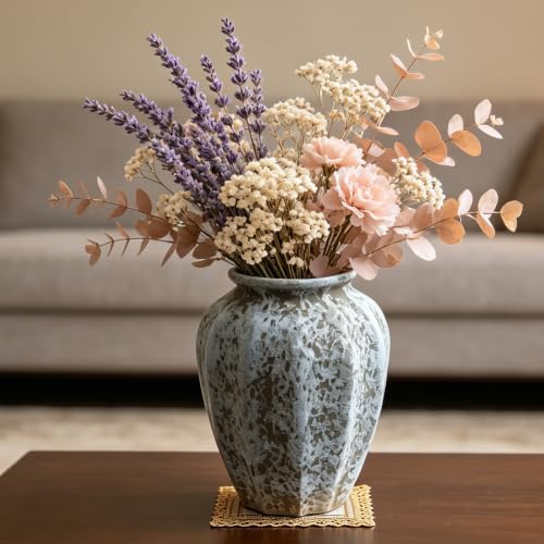AOZITA Ceramic Flower Vase, 9.3" Tall Rustic Farmhouse Vase with Fluted Texture, Large Vintage Home Decor for Living Room, Kitchen, Bedroom & Office, Antique
