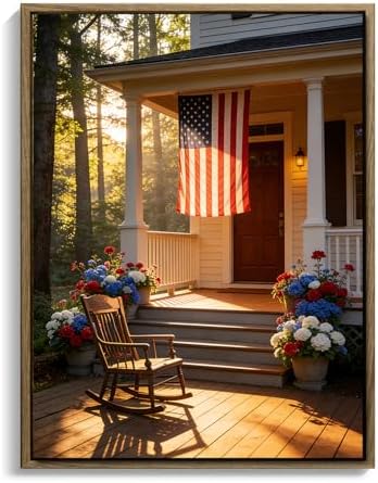American Flag Framed Canvas Wall Art, 4th of July Patriotic Canvas Prints | Summer Cottage Landscape Poster Print, Vintage Independence Day Wall Decor for Bedroom Living Room Office 24×36in