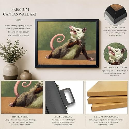 Funny Animals Opossum Wall Art, Whimsical Opossum Canvas Wall Decor Posters, Cute Possum Humor Animal Lovers Prints Painting for Living Room Bedroom Dorm Decor 8x10 Inch Framed