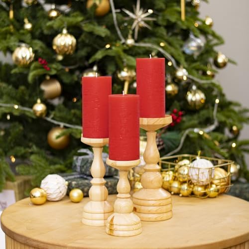 CANDWAX Large Pillar Candles 3x6 Inch – Set of 3 Unscented Dripless Red Candles, Rustic Design for Events, Weddings, Home Styling
