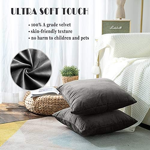 Stellhome Soft Velvet Throw Pillow Covers Square Decorative Cushion Covers for Bed Couch Sofa Bench, 18 x 18 inch (45 x 45 cm), Dark Grey, Pack of 2