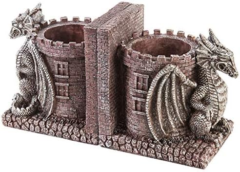 Bookends Dragon,Guard Castle Resin Decorative Bookends for Heavy Books with Pencil Holders, Fantasy Themed Book Holder for Home and Office