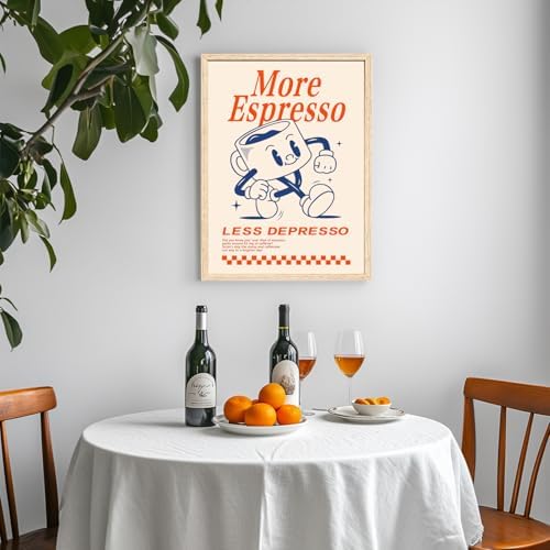 Cyebmo Funny Coffee Wall Art, Vintage Cafe Kitchen Wall Decor, More Espresso Less Depresso Art Prints, Beige Dorm Poster Print for Home Office Coffee Bar Kitchen, Wood Framed Ready to Hang 12x16 Inch
