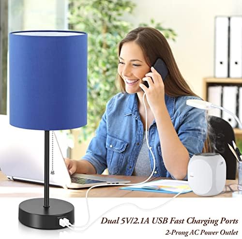 Bedside Table Lamps Set of 2 with USB Charging Ports and AC Outlet, Blue