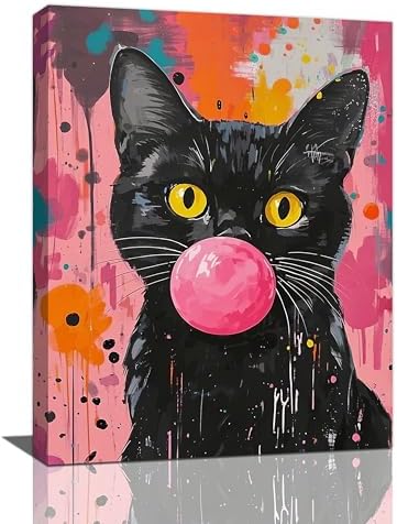 Funny Black Cat Pink Banksy Graffiti Wall Art Cute Cat Pictures Canvas Wall Decor kitten Painting Artwork Decoration Framed Gifts for Lover Women Girl Bathroom Bedroom Living Room Office 12"x16"