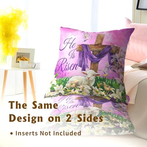 He is Risen Cross Christian Throw Pillow Covers 24''x24'' Set of 2 Easter Spring Pillowcase Religious Lily Floral Lamb Cotton Square Cushion Case Happy Holiday Pillows Protector for Home Sofa