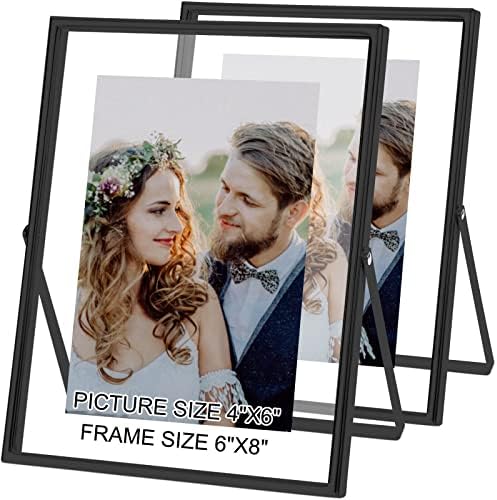 4x6 Black Floating Picture Frame set of 2, Gift Metal Glass Photo Frames, Only for Tabletop Display Vertically (Black, 4x6)
