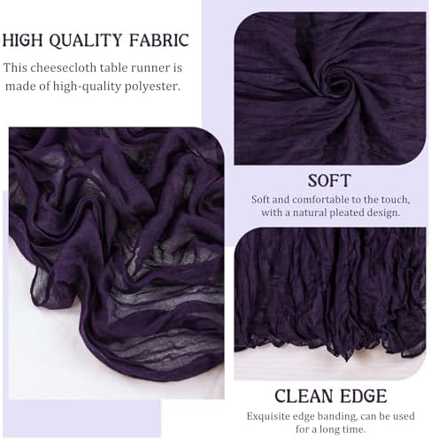 4 Pack 120 Inch Dark Purple Cheesecloth Table Runner Boho Rustic Gauze Sheer Romantic 10 FT Long Cheese Cloth Table Runner for Bridal Baby Shower Wedding Party Birthday Holiday Home Easter Decor