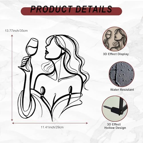 LIYAOLI Black Metal Wall Art Decor, 3D Woman Drinking Wine Sculpture for Bar, Kitchen