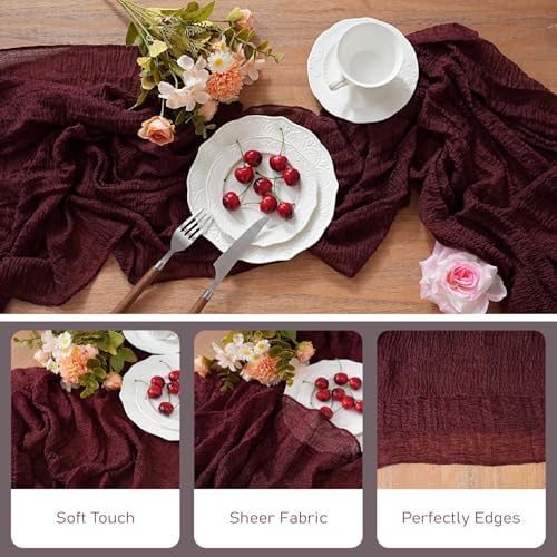 1Pcs Cheesecloth Table Runner Burgundy 10FT Boho Gauze Cheese Cloth Table Runners 120 Inches Long Rustic Sheer for Centerpiece Home Party Christmas Wedding Baby Shower Spring Easter Decor