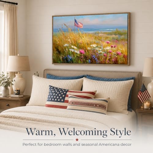 American Flag Framed Canvas Wall Art, 4th of July Patriotic Canvas Prints | Wildflower Landscape Poster Print, Vintage Rustic Independence Day Wall Decor for Bedroom Living Room Office 11×14in