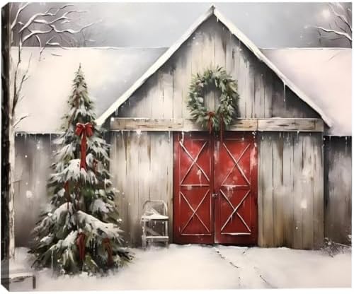 Vintage Christmas Barn Wall Art 16x24inch, Retro Winter Snow Landscape Holiday Xmas Artwork Poster Framed Christmas Tree Wall Decor for Home Farmhouse Bedroom Gallery Decorations