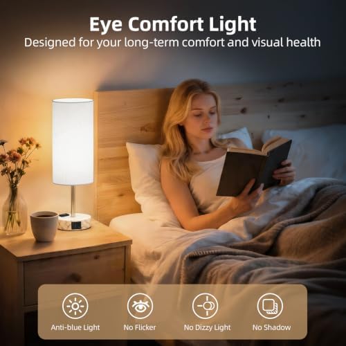 Table Lamp, Dimmable Touch, AC Outlet, USB A+C (White&Marble)