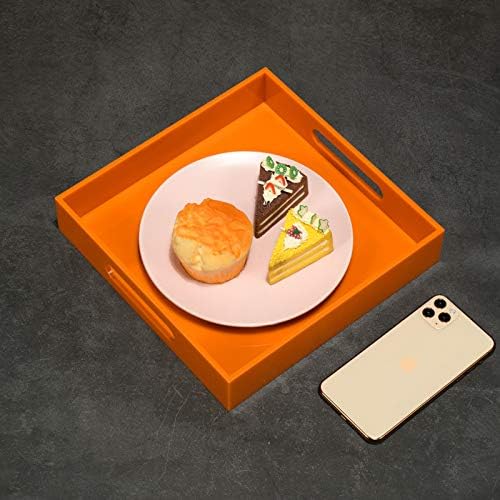 KEVLANG Orange Sturdy Acrylic Serving Tray with Handles-10x10Inch-Serving Coffee,Food,Breakfast,Butler-Kitchen Countertop Tray-Makeup Drawer Organizer-Vanity Table,Ottoman Tray-Decorative Tray