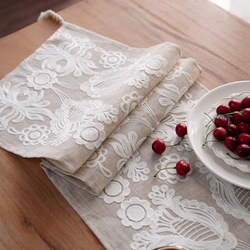 Embroidered Table Runner Boho Farmhouse Dresser Scarf, 14" x 38"