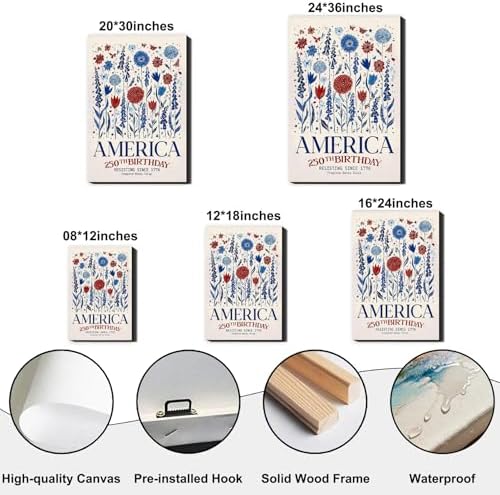 RIBNTAK Vintage Patriotic America 250th Birthday Wall Decor, 1776 Floral Canvas Prints, 4th of July Wildflower Art, Red White Blue Pictures for Kitchen, Office, Rustic Home, Made in USA