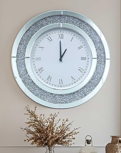Crushed Diamond Wall Clock: Round Mirrored Clock 23.6 inch Silver