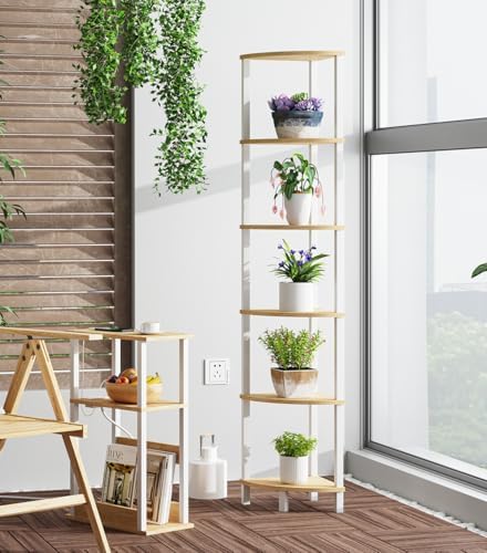 Corner Shelf, 6-Tier Corner Bookshelf, Industrial Corner Ladder Shelf, DIY Storage Shelves, Rustic Display Shelf for Living Room, Bedroom, Kitchen, Home Office, White and Nature Wood Color UJSJ004Q