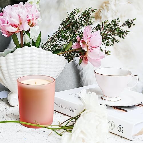 SHOWIN Thick Candle Jars for Making Candles 12 Pcs, 7 OZ Empty Jars with Wood Lids for Candle Making, Sample Container, Frosted Pink