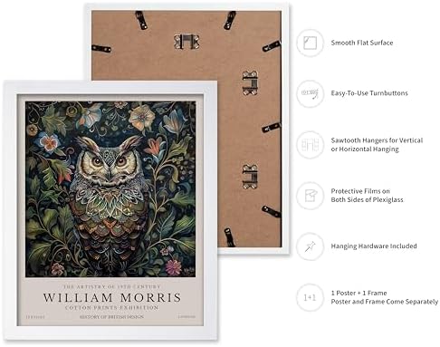 Poster Master Owl Print - William Morris Poster - Flower & Animal Illustration - Botanical Exhibition Wall Design - Floral Bird Artwork - Aesthetic Office or Bedroom Decor - 11x14 White Framed