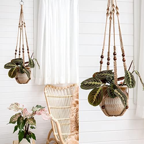 Mkono Macrame Plant Hanger Indoor 35 Inch Hanging Planter Basket Brown 2Pcs