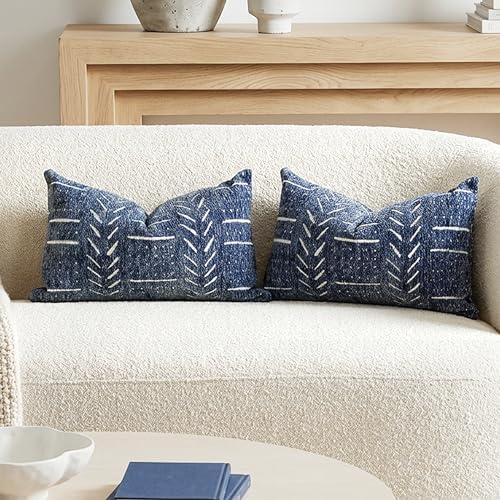BlissBlush Decorative Lumbar Pillow Covers 12x20 Set of 2, Blue Soft Woven Chenille Accent Pillow Covers for Couch Sofa Bed, Textured Farmhouse Cushion Covers