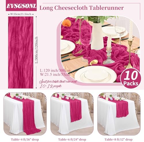 10 Pack Hot Pink Cheesecloth Table Runner Long,21.5 x 120 Inch